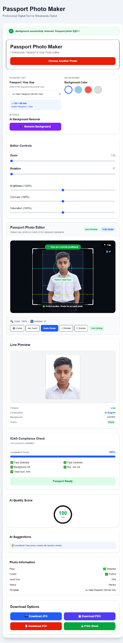 Shivanandu Digital Passport Photo Maker interface